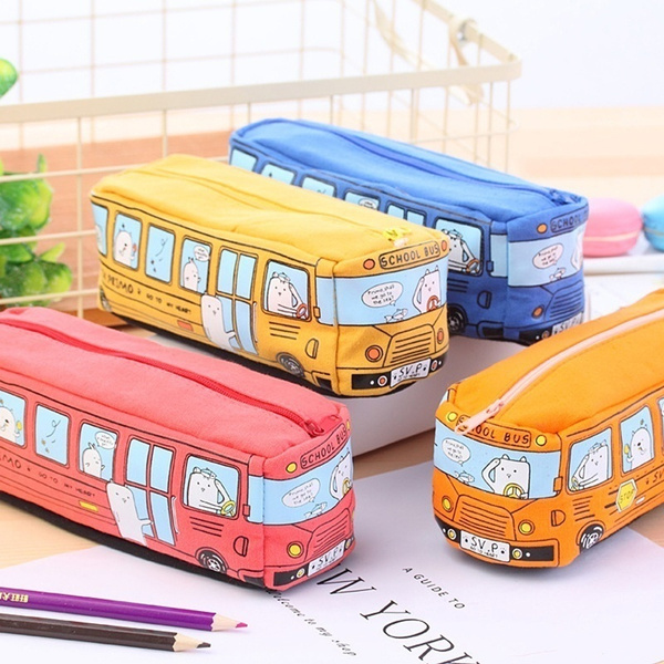 Cute Animals School Bus Pencil Case Makeup Bag Large Capacity  Storage Canavas 