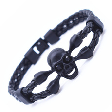Vintage Black Skull Bracelets Bangles Hand Made Top Quality Leather Rope Skeleton Bracelet Men Jewelry
