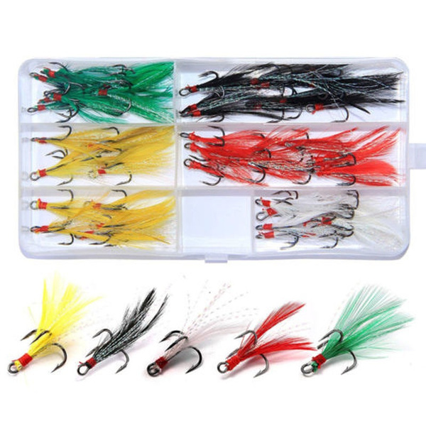 50pcs/box Fishing Treble Hooks With Feather Black Treble Hooks Dressed  Replacement Teaser Feather Pike Bass