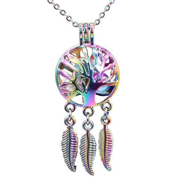 1pc Rainbow Color Life Tree Dream Catcher Pearl Cage Necklace
