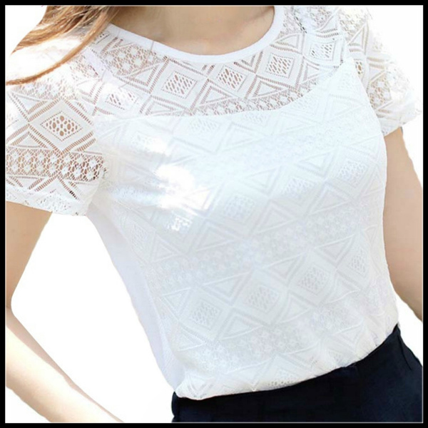 Blusa blanca de encaje de gasa de manga corta de verano de las mujeres nueva moda de corea ahueca hacia fuera camisa de las señoras de oficina femenina en Blusas