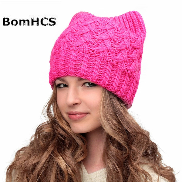 bright pink Handmade Knit crochet Pussy cat Hat beanie 
