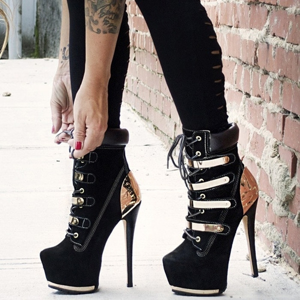 Women Sexy Cool Girl Super High Heels Punk Metal Gladiator Shoes Black Lace Up Ankle Heels Boots Wish