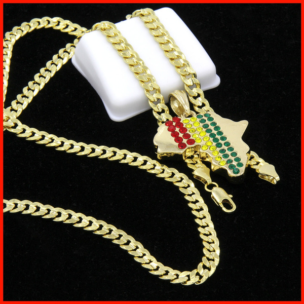 MENS HIP HOP Iced RASTA AFRICA MAP PENDANT 24" ROPE CHAIN NECKLACE N031