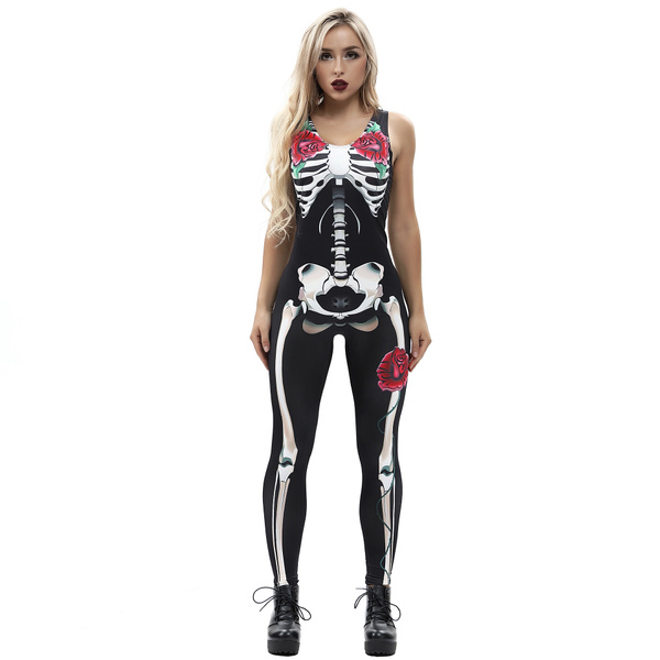 3D Flower Skeleton Jumpsuits Gothic Female Halloween Skinny Bodysuit ...