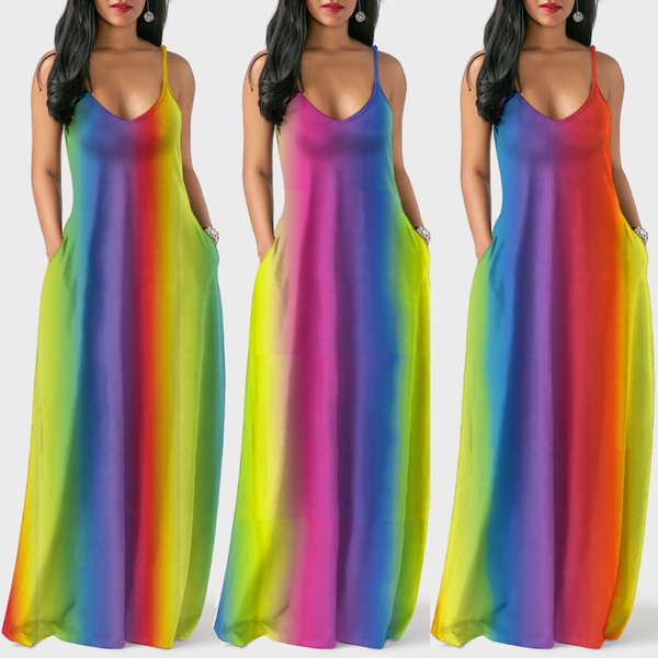 Rainbow Printed Long Dress for Women Straps V Neck Sleeveless Pockets Boho Maxi Dress 