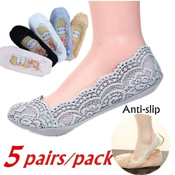 5 Pairs Women Fashion Cotton Invisible Anti-slip Ankle Socks Lace