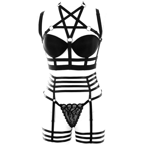 BODY HARNESS Elastic Strap Pentagram Harness Bodysuit Lingerie Set Full ...