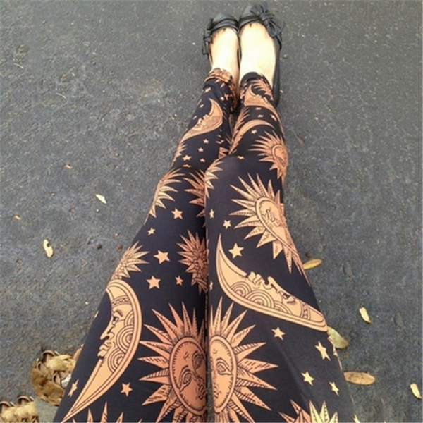Women Sun and Moon Print Pants Hippie Boho Leggings Pants