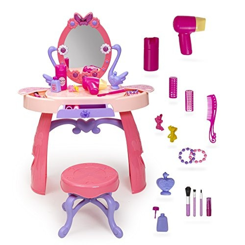 Girls Vanity Table With Mirror And Bench Pretend Hair Styling Set 28 Piece Toddler Makeup Play Set For Ages 3 Wish