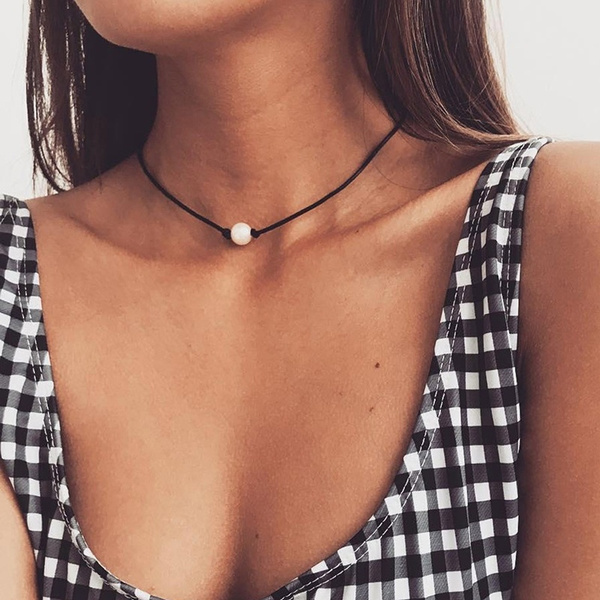 Women Single Pearl Leather Choker Necklace on Genuine Black Leather Cord  Pendant
