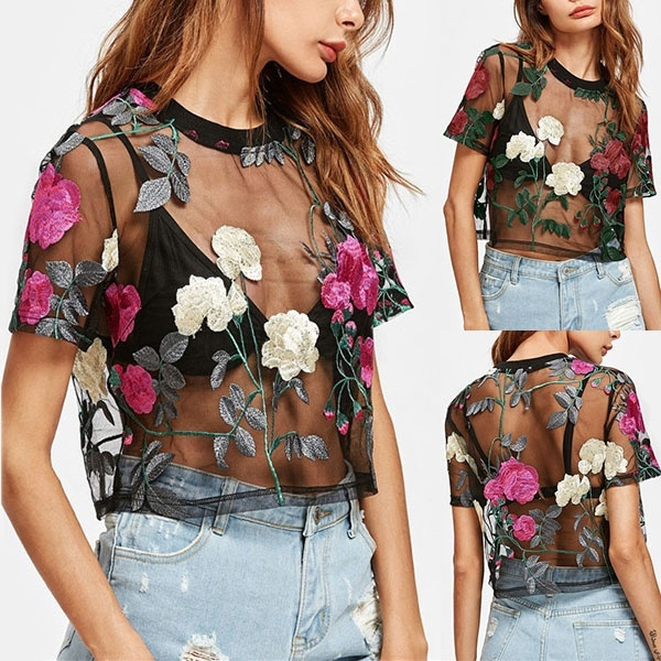 WF Women's Short Sleeve Mesh Embroidery Floral Printed Top