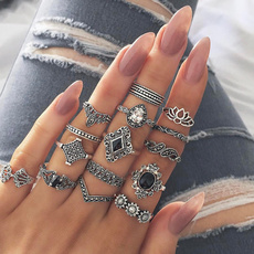 15Pcs/Set Bohemia Flowers Crystal Crown Finger Ring Set Trendy Silver Joint Knuckle Rings Women Jewelry Accessories Gifts
