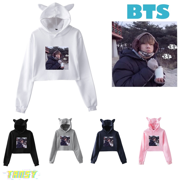 Kpop BANGTAN BOYS Kim Tae Hyung BTS V Women Fashion Long Sleeve Cute Crop Top Hoodie with Cat Ear Wish