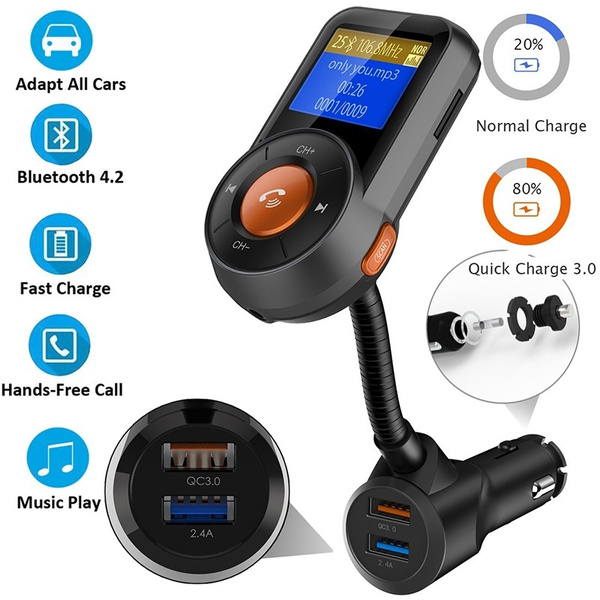 Bluetooth FM Transmitter, Wireless Hands-free Radio Adapter Car Charger Kit  with 1.4 Inch Display, Music Player,Smart 2.4A+QC3.0 Dual USB Fast Car  charge for Cell Phone