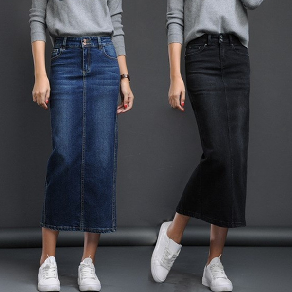 2021 Women s Long Denim Skirt Korean Style Back Split Long Stretch