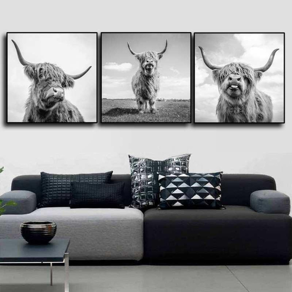Nordic Style Wall Art Freedom Highland Cow Print And Poster Longhorn Cattle Canvas Paintings For Living Room Decor Black White Yak Decoration Wish - Longhorn Home Decor