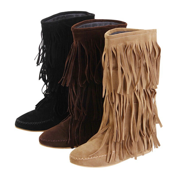 Wide calf sales fringe moccasin boots