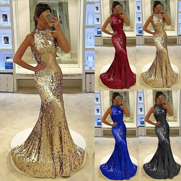 Women Sleeveless O Neck Sequin Party Prom Dress Shinny Slim Fit ...