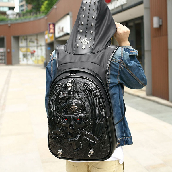 Alice Romance About setting Men's Fashion 3D Skull Leather Backpack Back To School Rock Rivets Skull Hooded  Backpack Gothic Punk Style Hoody Cap Apparel Bag Cross Hoodie Bags Hiphop |  Wish