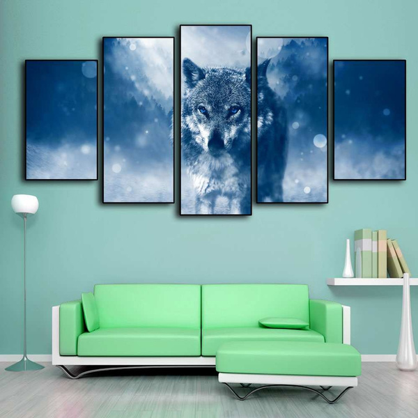 Abstract wolf Framed Colorful Canvas Print Wall Art Home Decor 5 Piece