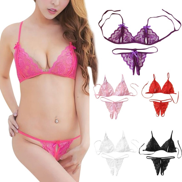 Womens Lingerie Lace Babydoll 2 Piece Bras Set With Bow Open Cup