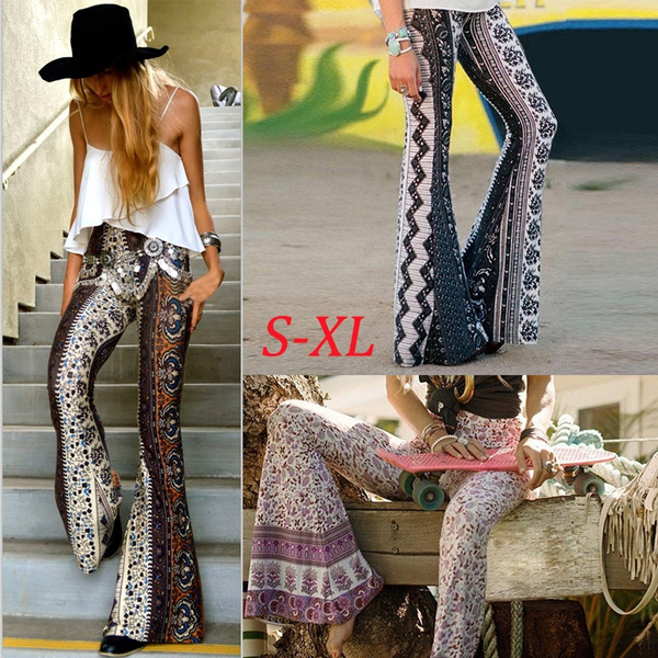 Women Fashion Boho Hippie High Waist Wide Leg Long Flared Bell Bottom  Printing Pants S-XL