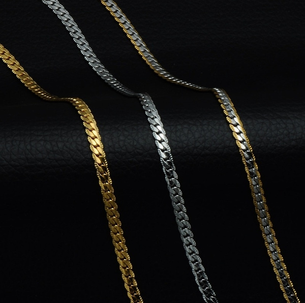 Gold Color Stainless Steel Curb Cuban Link Chain Necklaces Trendy Choker 50cm Long Flat Snake Chain For Men Jewelry Wish