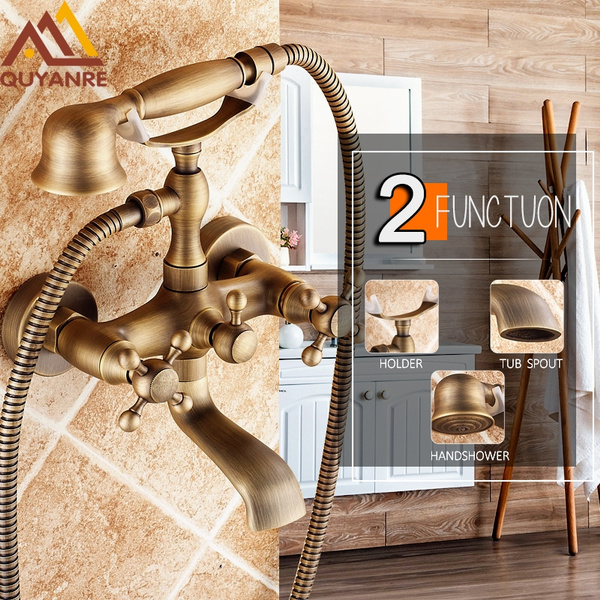Antique Brass Bathtub Shower Faucets Set Dual Knobs Mixer Tap Wall ...