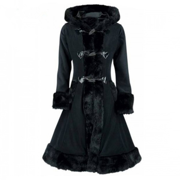 Elegant Women Black Hooded Sweet Gothic Lolita Style Warm Winter Wool ...