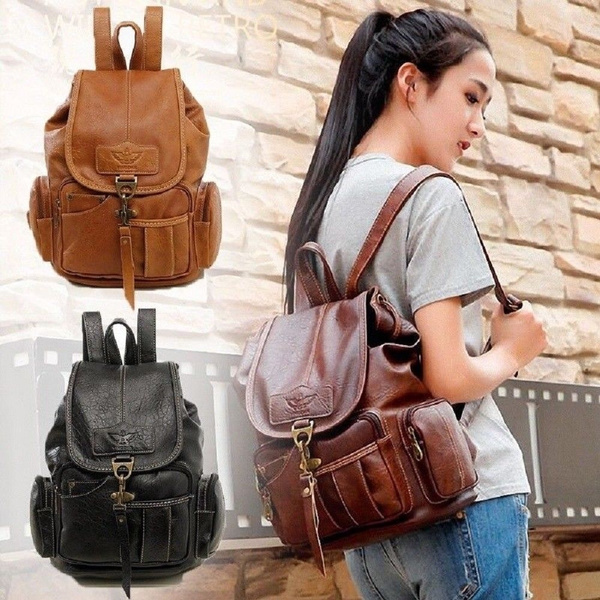 Womens Brown leather Backpack Vintage Medium School Rucksack