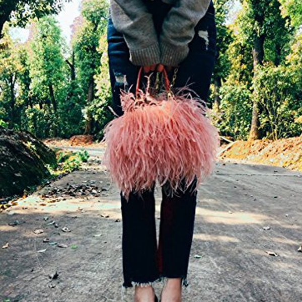 Womens Ostrich Feather Handbag Luxury Evening Clutch Bag Purse Metal Chain Bag 