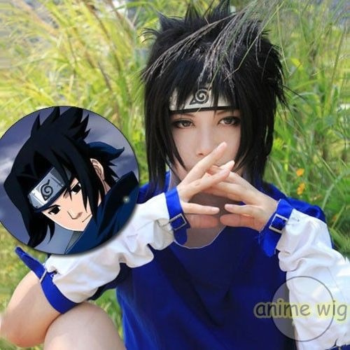 Naruto Uchiha Sasuke short Black cool male Cosplay Costume Wig Black headband