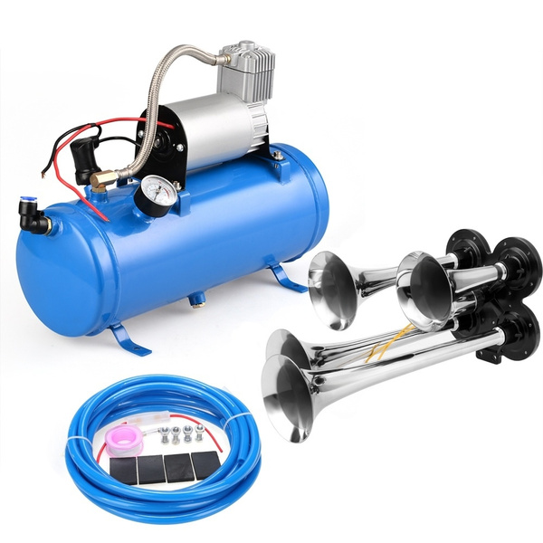 4 Trumpet Vehicle Air Horn 12V Compressor Tubing 150 dB Train 120 PSI kits