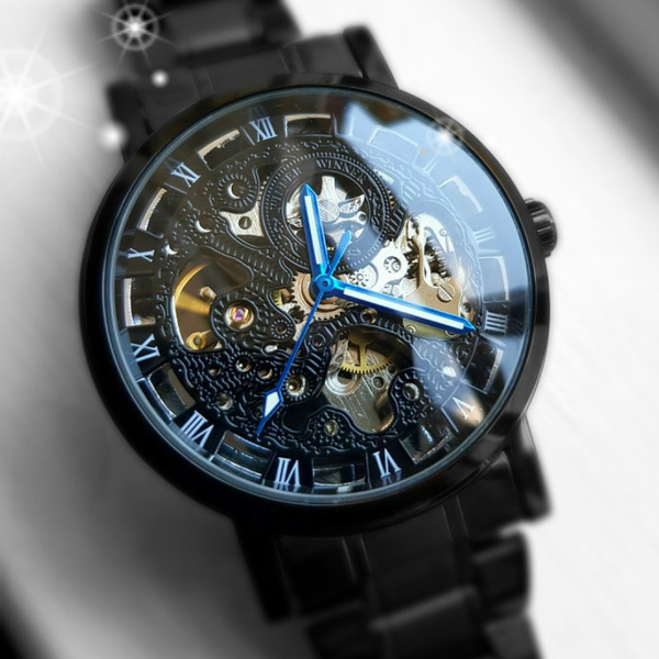 Winner Transparent Steampunk Montre Homme Black Retro Casual Mens Watches Luxury Full Steel Skeleton Mechanical Watches