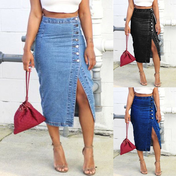 2019 Women's Sexy Button Detail High Waist Denim Skirt | Wish