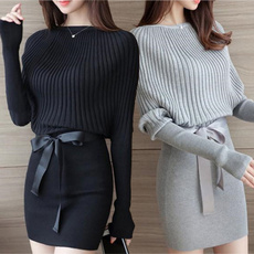 Women's Fashion Autumn/Spring Knitted Dress Long Sleeve Bodycon Loose Sweater Batwing Pullover Knitwear