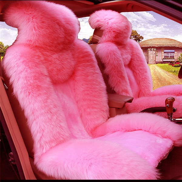 5pcs Set Car Front Seat Cover Fur Steering Wheel Pink Wool Winter Essential Universal Furry Fluffy Thick Faux Wish - Red Furry Car Seat Covers