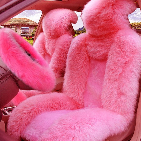 5pcs Set Car Front Seat Cover Fur Steering Wheel Pink Wool Winter Essential Universal Furry Fluffy Thick Faux Wish - Red Furry Car Seat Covers