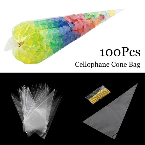 Kids Party Sweet & Treat Plastic Cello NR Clear Coloured Cellophane Cone Bags 