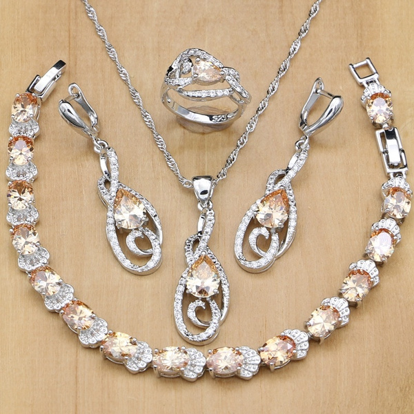 Schmuck Set Halskette mit Anhänger Armband Ring Ohrringe Silber. 