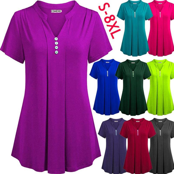 Winsummer Women Zipper Front V Neck Blouse T-Shirt Casual Short Sleeve Tops T-Shirts Tunic T Shirts Top