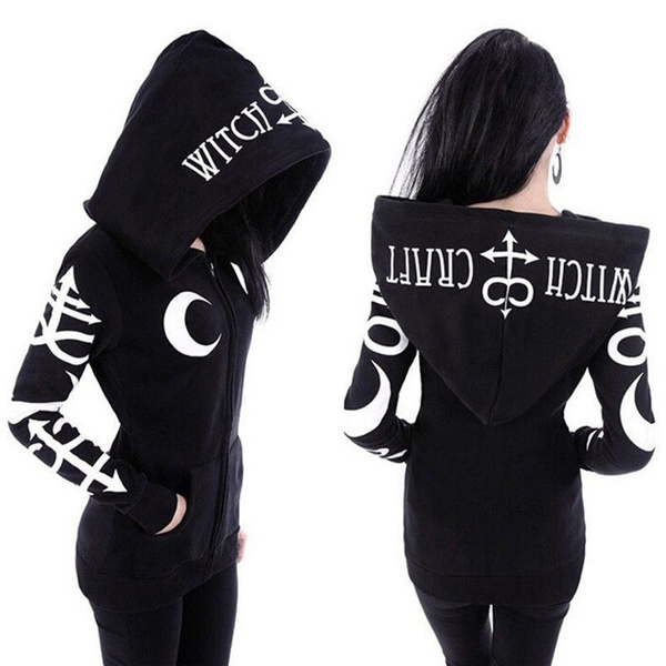 Women Hoodies Witch Moon Printed Thin Black Zip Up Casual Long Sleeve Sweatshirt 