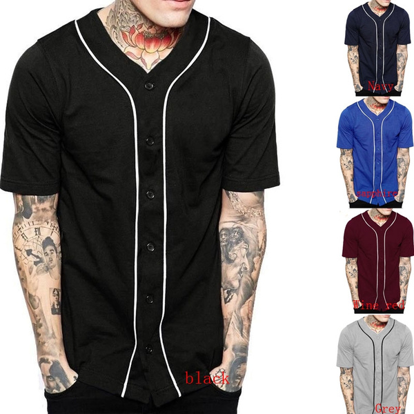 Mens Baseball JERSEY Raglan Plain T Shirt Team Sport Button Fashion Tee  Casual