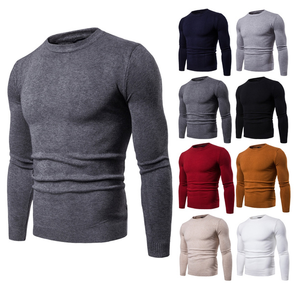 Spring and Autumn 2018 Men's Round Neck Sweater Solid Color Long Sleeve ...