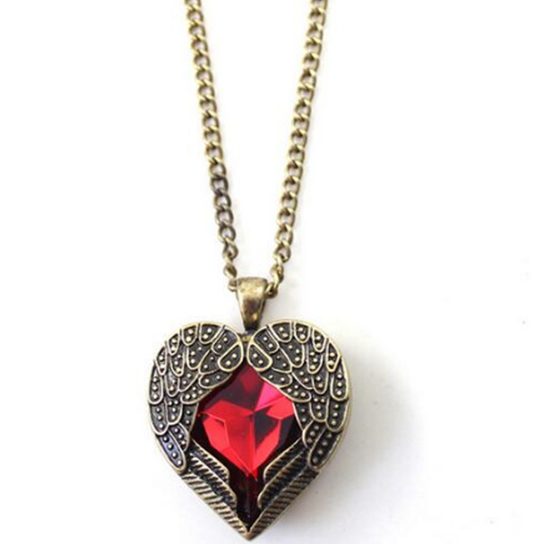 Angel Wings Vintage Red Heart Pendant Necklace with chain 