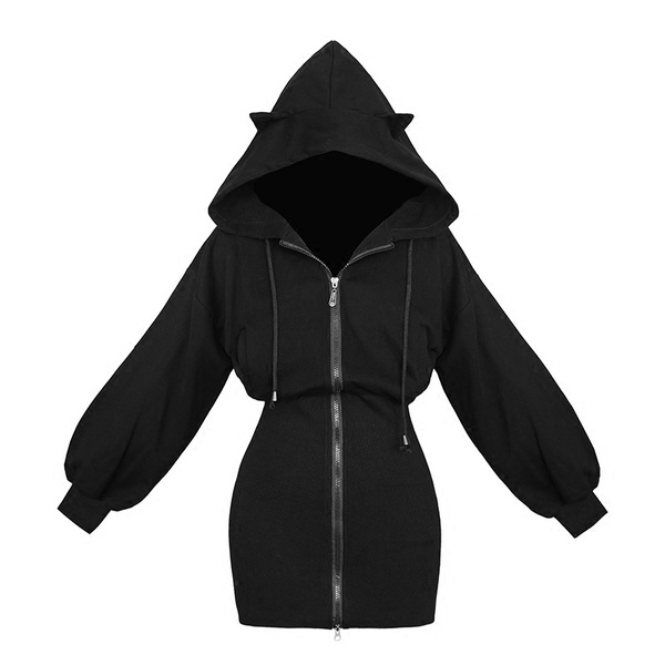 Felpa con cappuccio Kawaii Harajuku Long Felpa Donna Felpe con cappuccio  punk gotico nero Felpa con cappuccio da donna Zip-Up Autunno Inverno Felpa  con cappuccio da orecchio carino | Wish