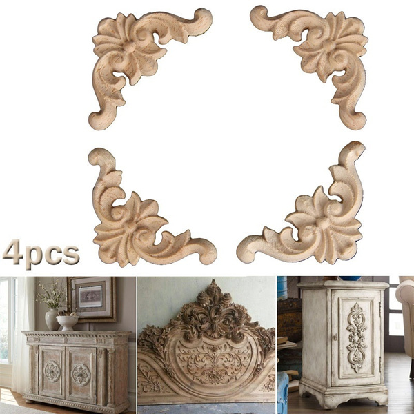 2# 4Pcs Wood Carved Applique Unpainted Checkered Decal Vintage Flower Corner Natural Onlay Furniture European Style Bed Door Cabinet Wall DIY Frame Decor for Home