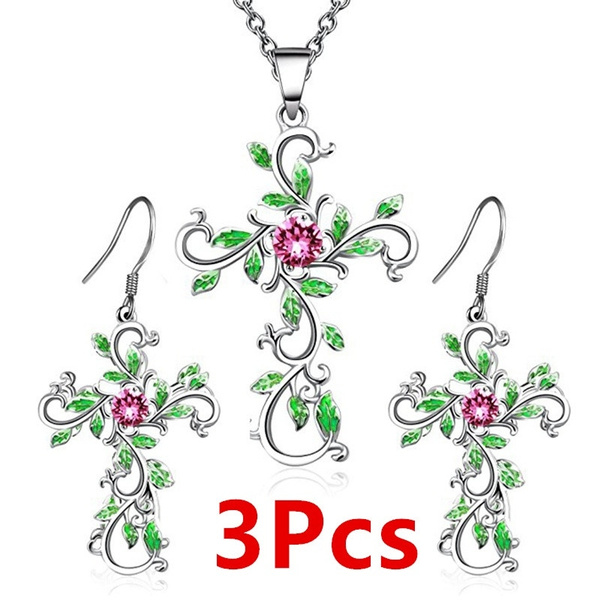 Crystal Rose Gold Cross Pendant God We Trust  Necklace Earrings Jewelry Sets 