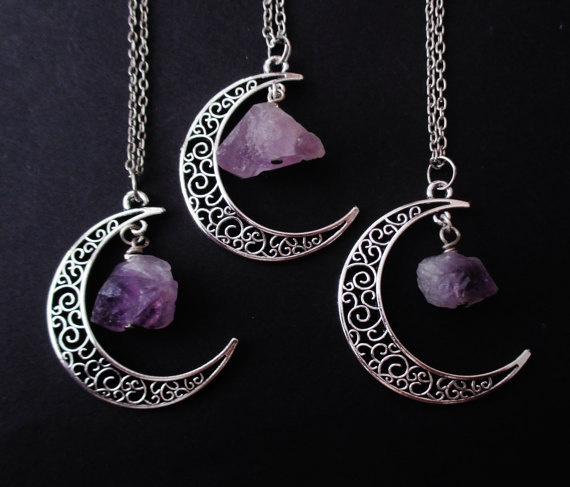amethyst moon necklace, crescent moon necklace, raw amethyst necklace ...